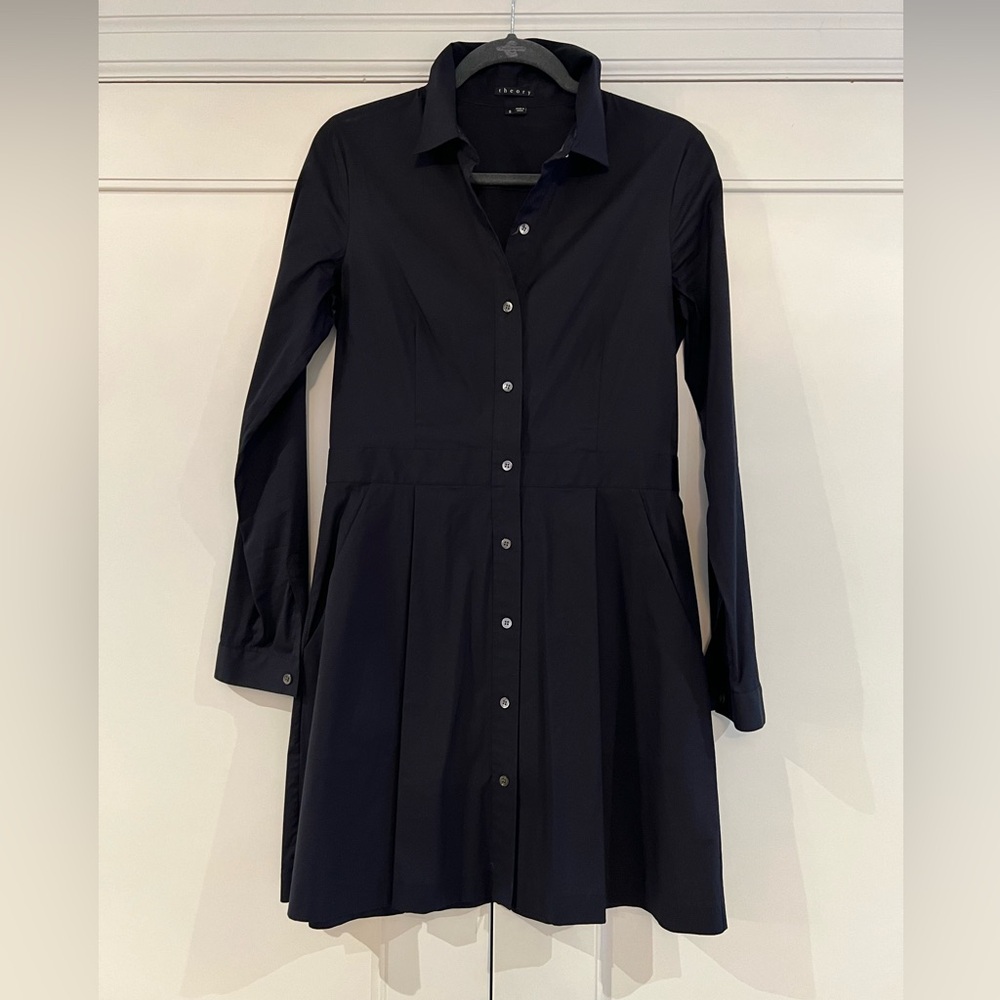 Theory Classic Black Long Sleeve Shirt Dress, Size 8